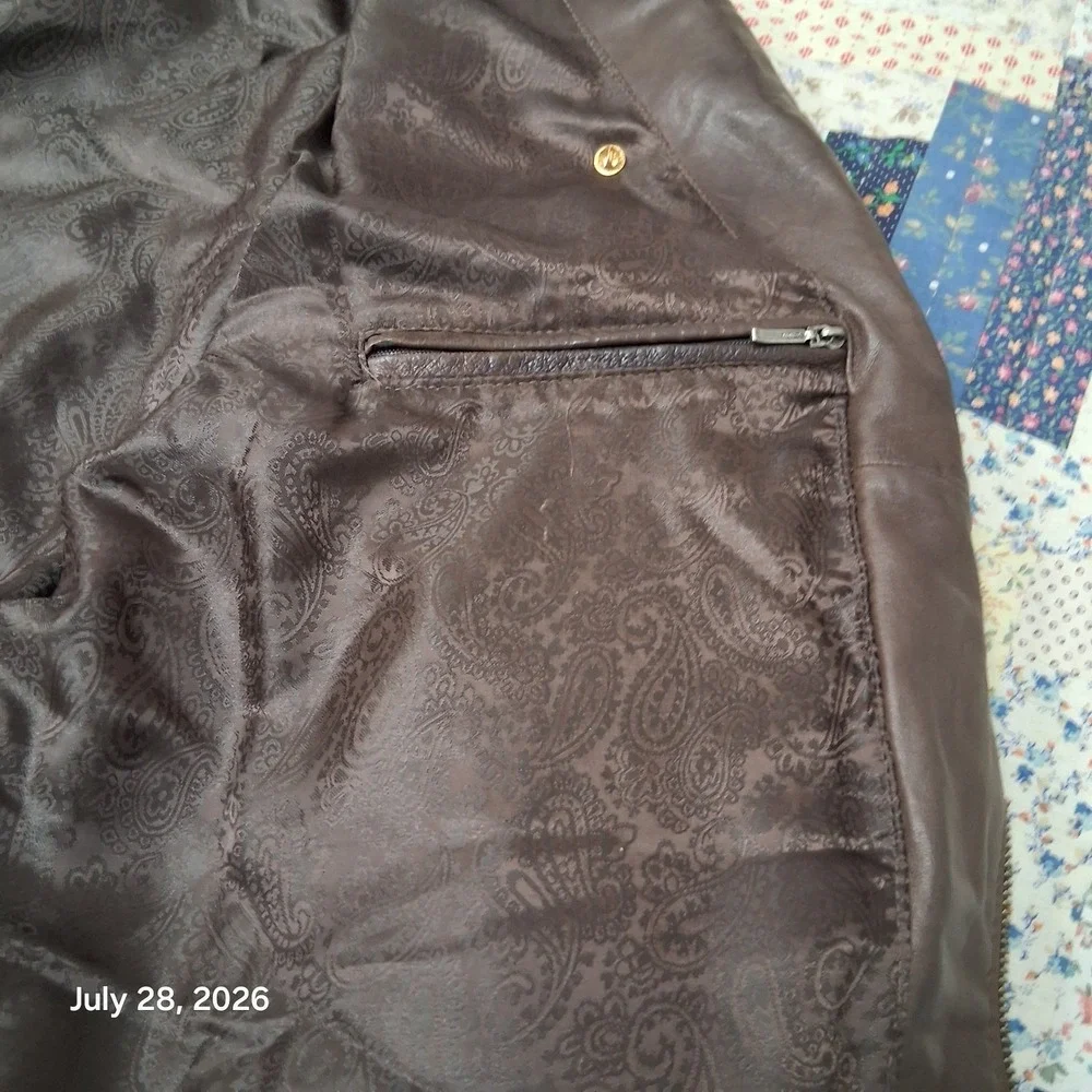 Tasso Elba Mens XL Brown Leather Bomber Jacket Full Zip Ribbed Waist Y2K Lined